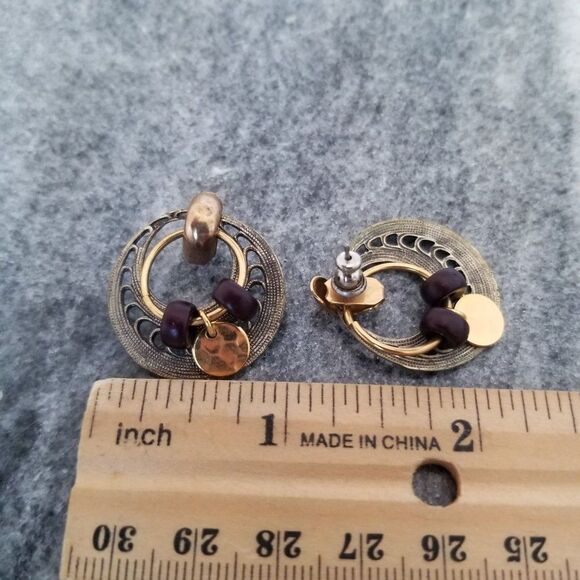 Vintage Boho Post Dangle Earrings, Beaded Hoop Design, Gold Tone and Black Beads - Picture 4 of 5